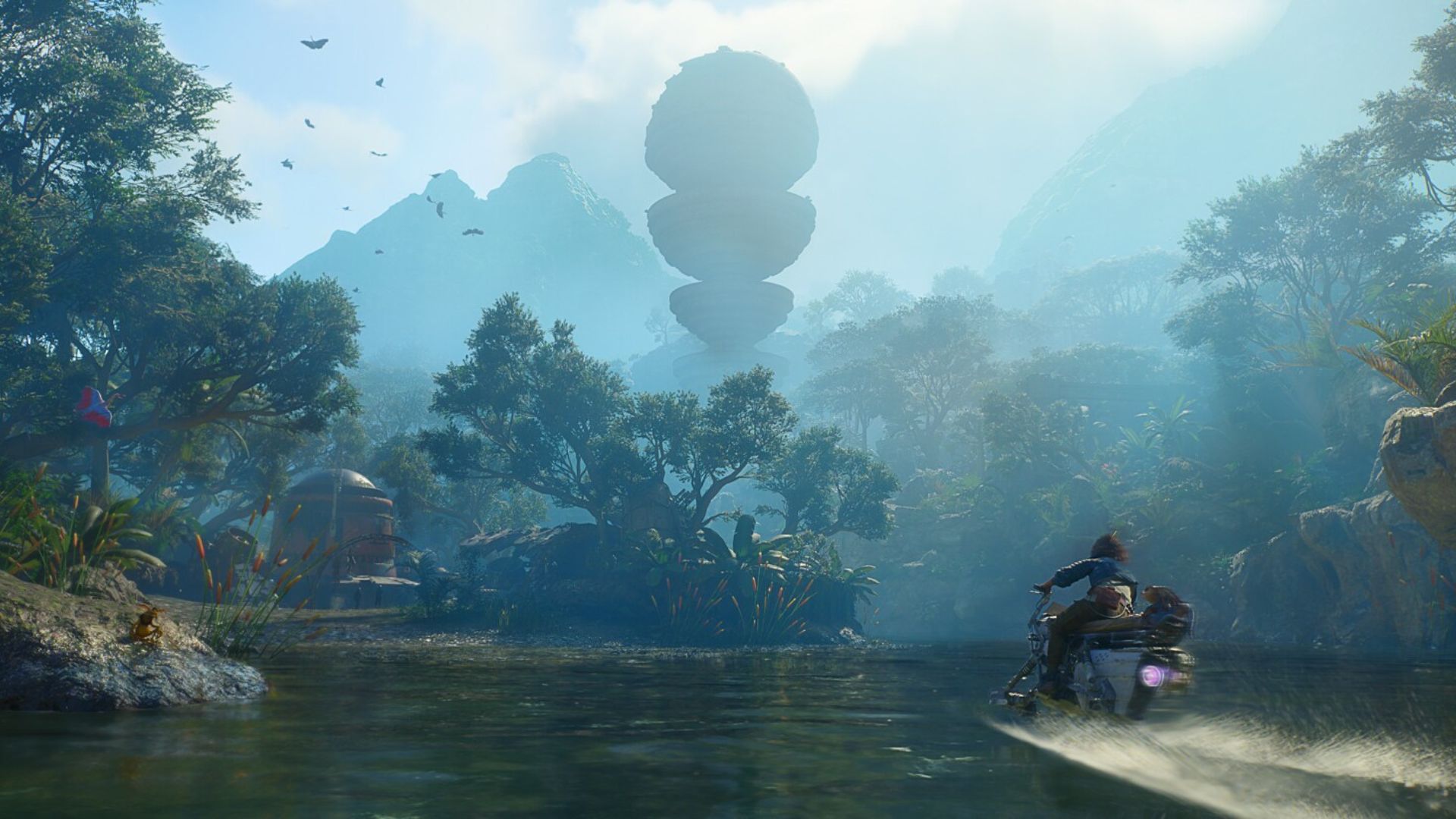 Kay and Nix riding a Speeder on the water in the jungle on Akiva in Star Wars Outlaws