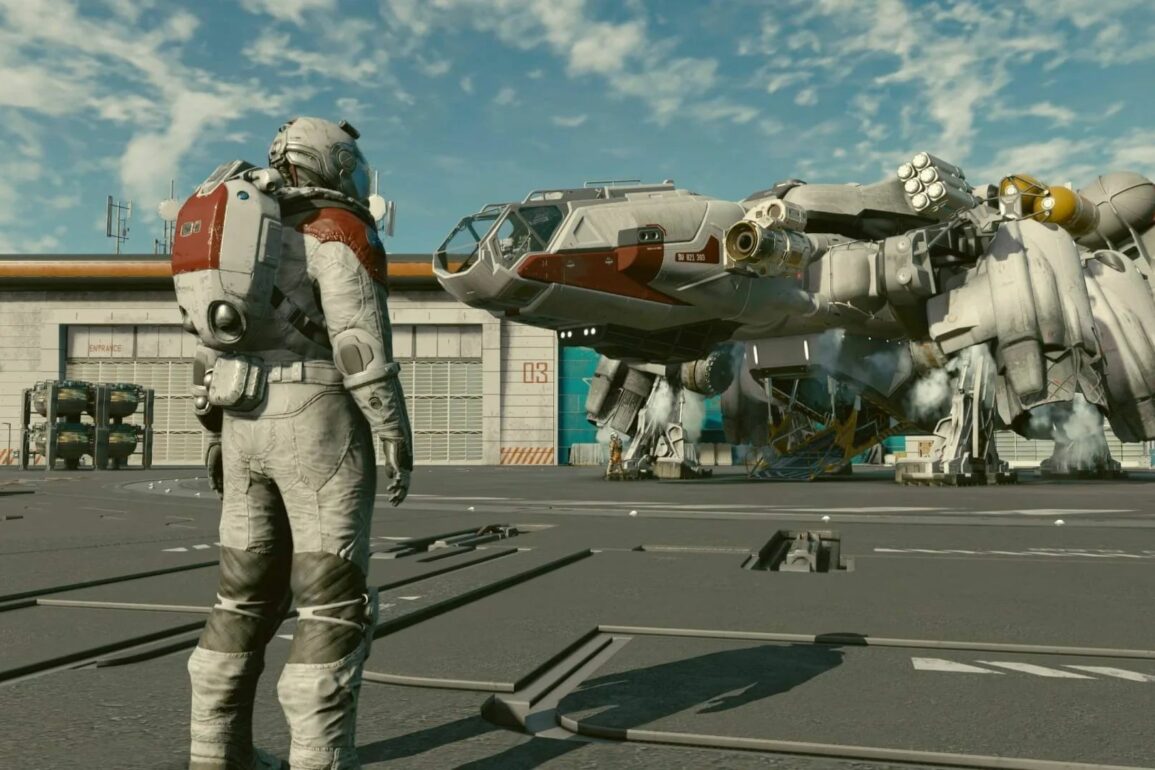 Starfield player next to their ship