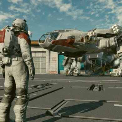 Starfield player next to their ship