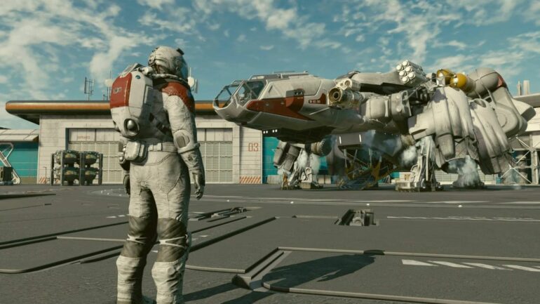 Starfield player next to their ship