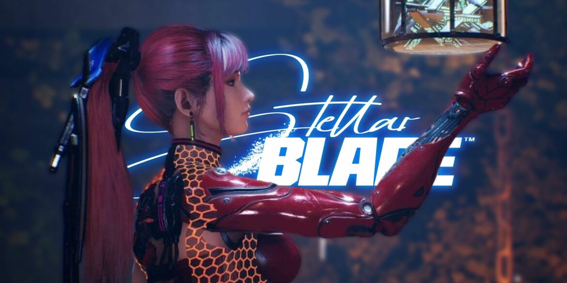 EVE with the Stellar Blade logo behind her