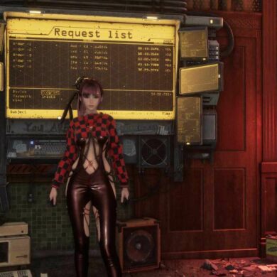 Eve standing next to the bulletin board in Stellar Blade