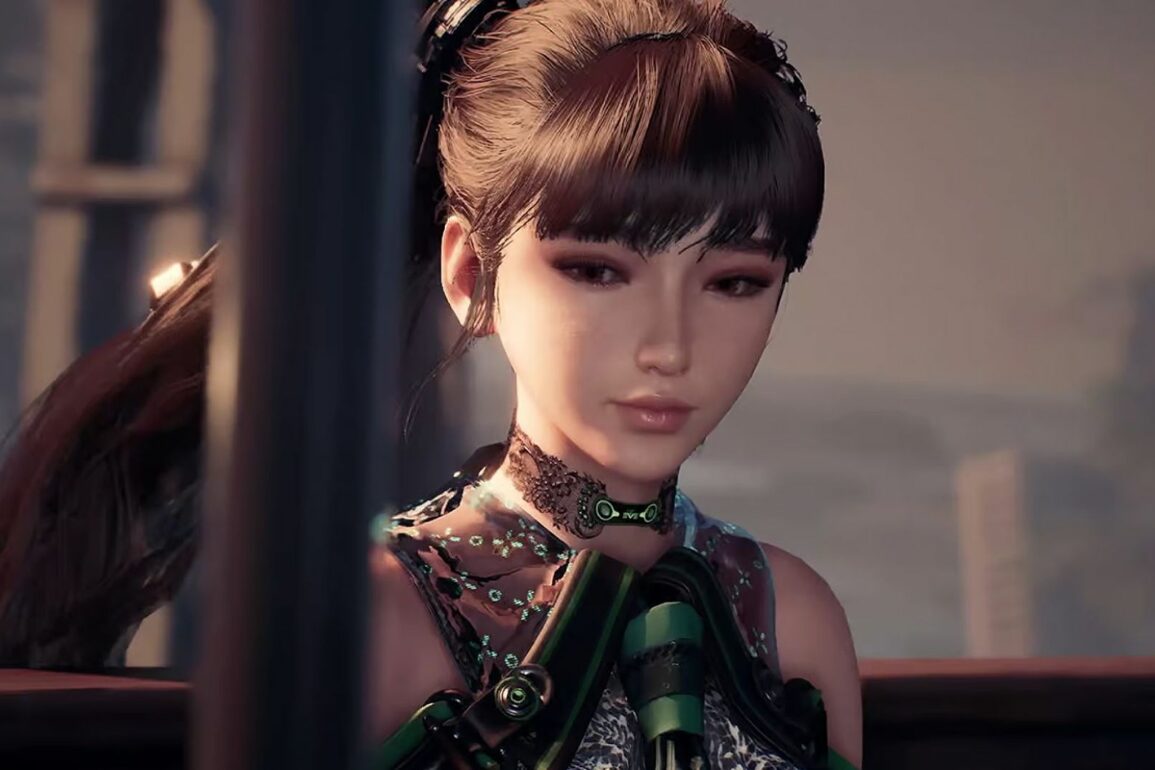 EVE on the monorail in Stellar Blade