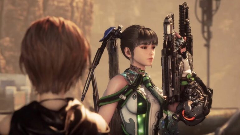 Eve holding the Drone in Stellar Blade