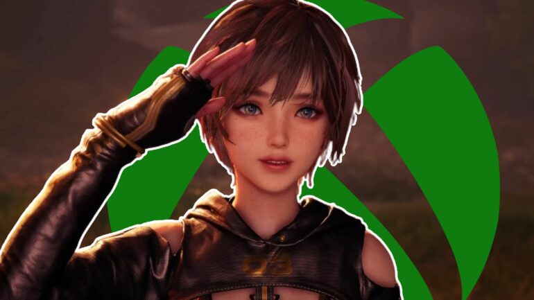 Stellar Blade character with the Xbox logo behind them