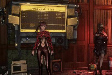 EVE standing next to the Request Board in Stellar Blade