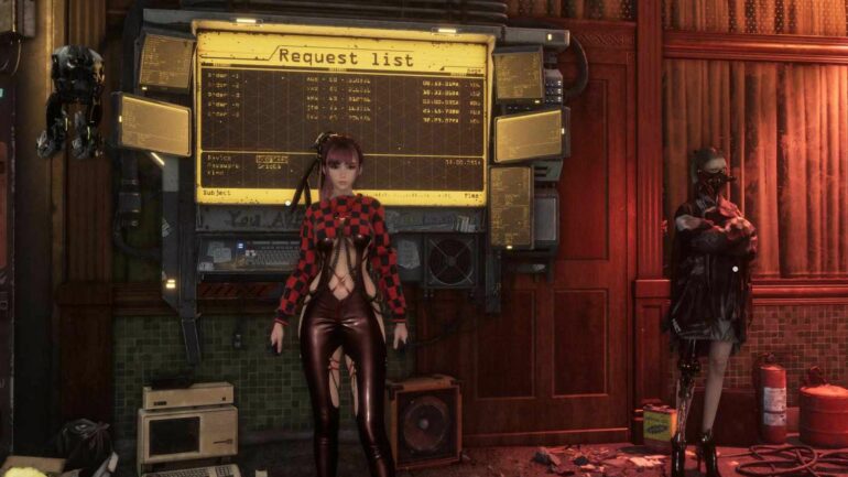 EVE standing next to the Request Board in Stellar Blade