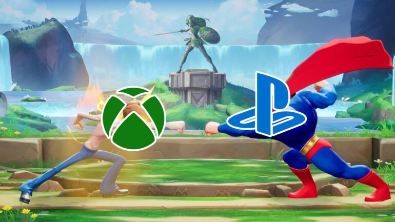 Shaggy and Superman fighting in MultiVersus with the PlayStation and Xbox logos over them