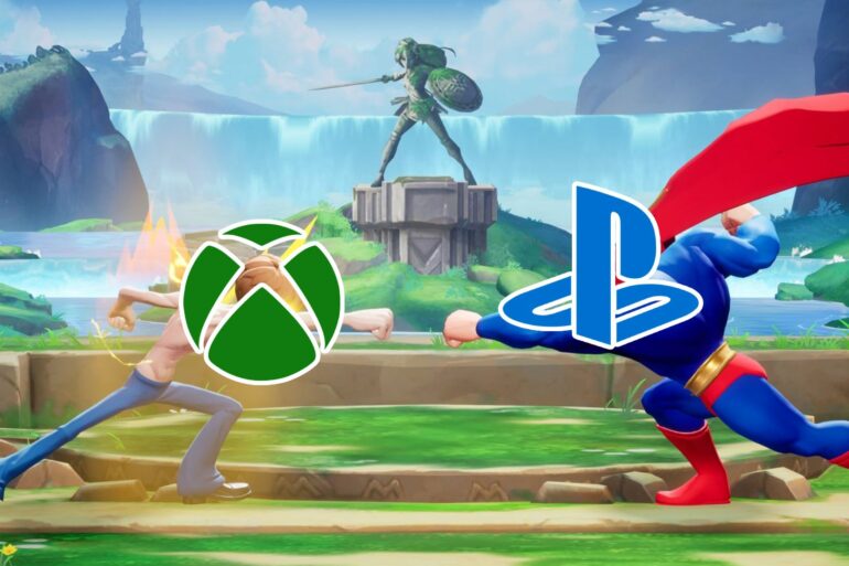 Shaggy and Superman fighting in MultiVersus with the PlayStation and Xbox logos over them