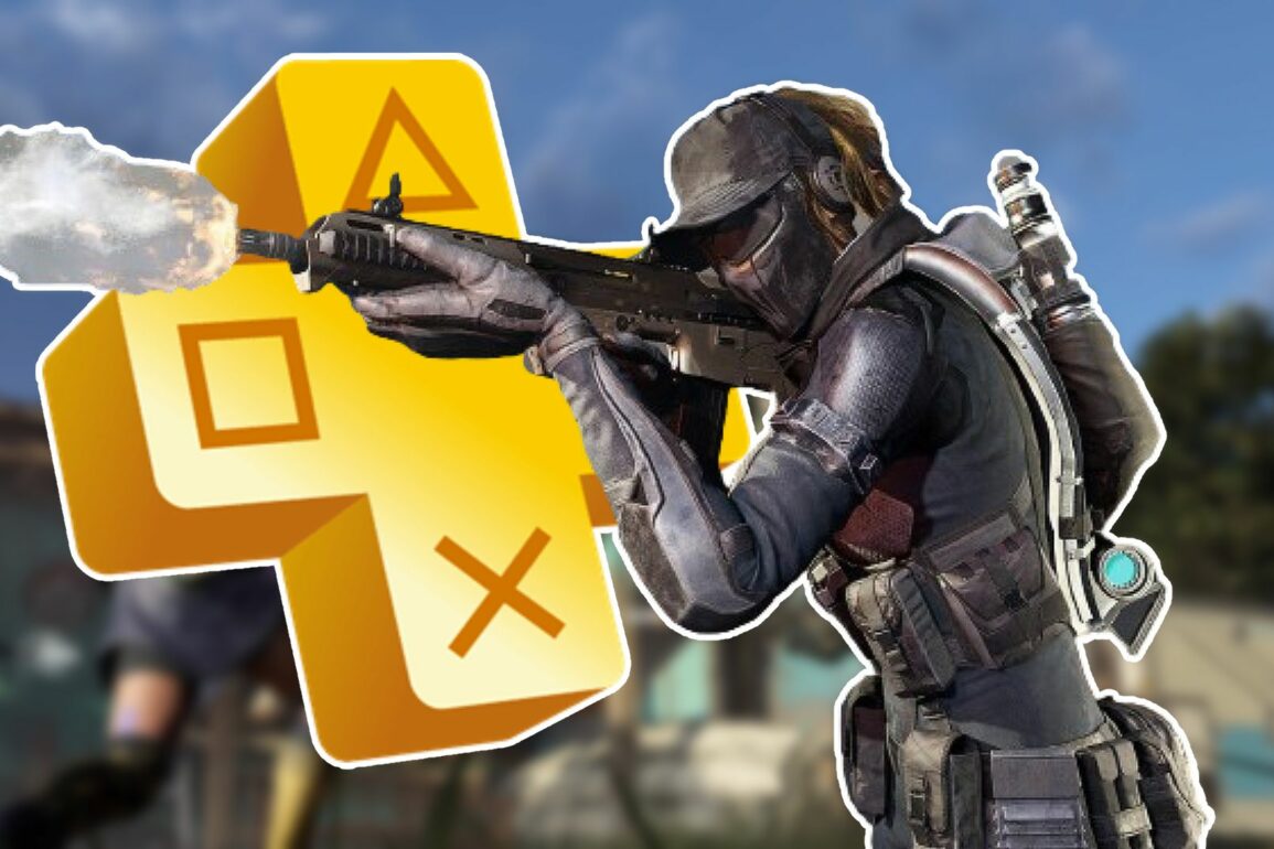 Player shooting in XDefiant with ps plus logo behind them