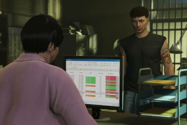 GTA Online character with Maude at computer