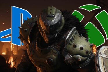 Doom Slayer with the Xbox and PlayStation logo behind him