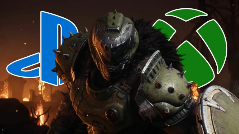 Doom Slayer with the Xbox and PlayStation logo behind him